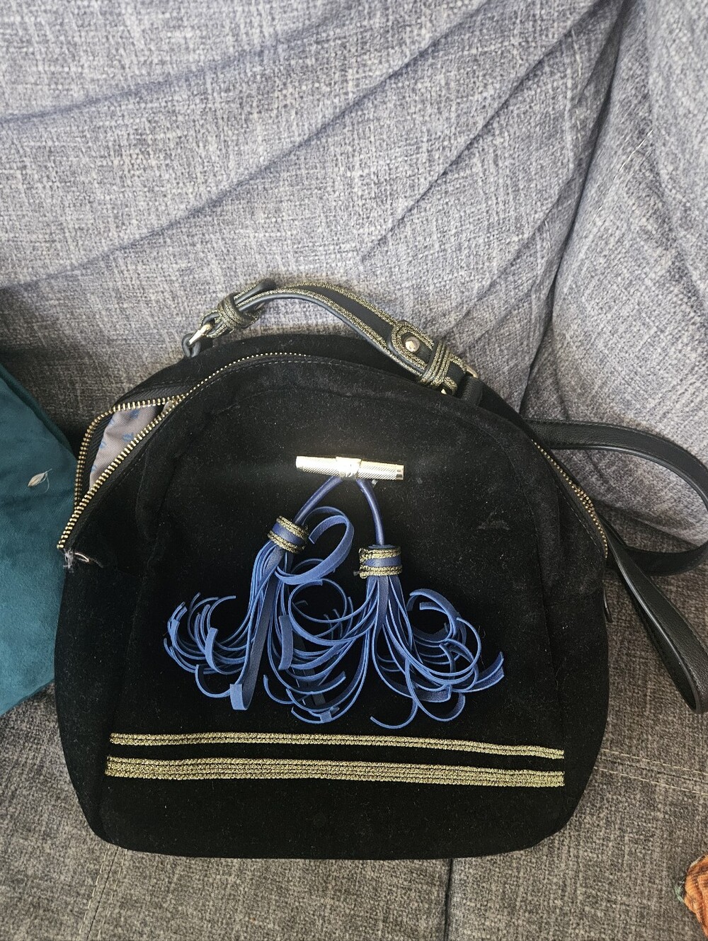 Trussardi Jeans black velvet backpack with blue tassels